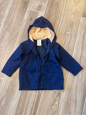 First Impressions Navy Hooded Raincoat with Yellow-Striped Lining